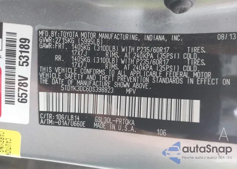 2013 Toyota Sienna Xle V6 8 Passenger from USA, damaged, VIN 5TDYK3DC6DS398823